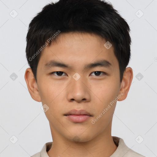 Neutral asian young-adult male with short  brown hair and brown eyes