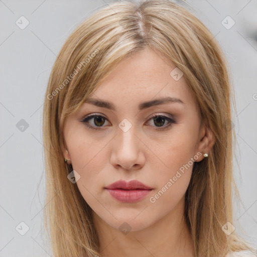 Neutral white young-adult female with long  brown hair and brown eyes