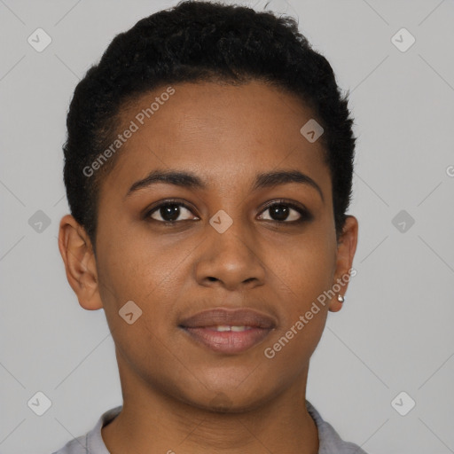 Joyful black young-adult female with short  brown hair and brown eyes