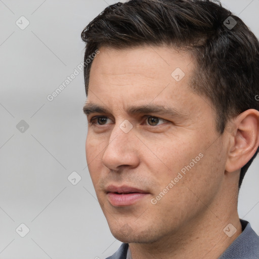 Neutral white adult male with short  brown hair and brown eyes