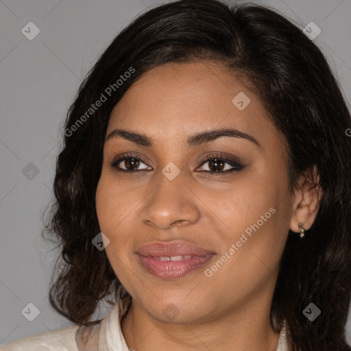 Joyful black young-adult female with medium  brown hair and brown eyes