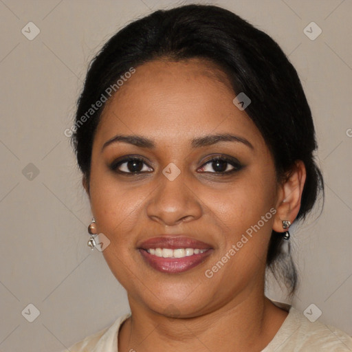 Joyful black young-adult female with medium  brown hair and brown eyes