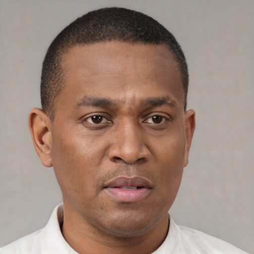 Neutral black adult male with short  brown hair and brown eyes