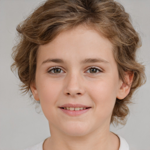 Joyful white child female with medium  brown hair and brown eyes