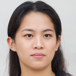 Neutral asian young-adult female with medium  brown hair and brown eyes