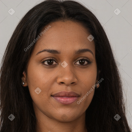 Joyful latino young-adult female with long  brown hair and brown eyes