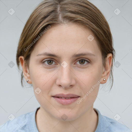 Joyful white young-adult female with medium  brown hair and grey eyes