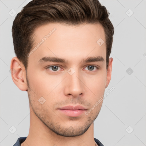 Neutral white young-adult male with short  brown hair and brown eyes