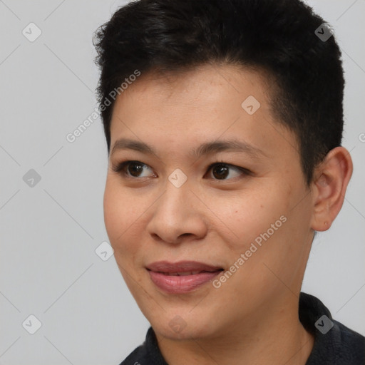 Joyful asian young-adult female with short  brown hair and brown eyes