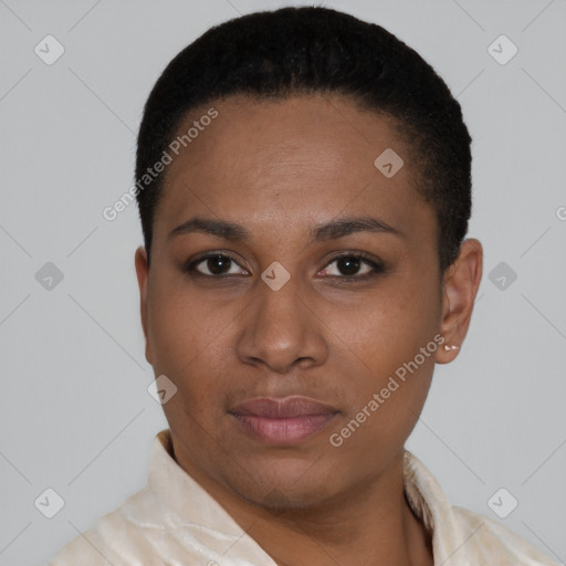 Neutral latino young-adult female with short  black hair and brown eyes
