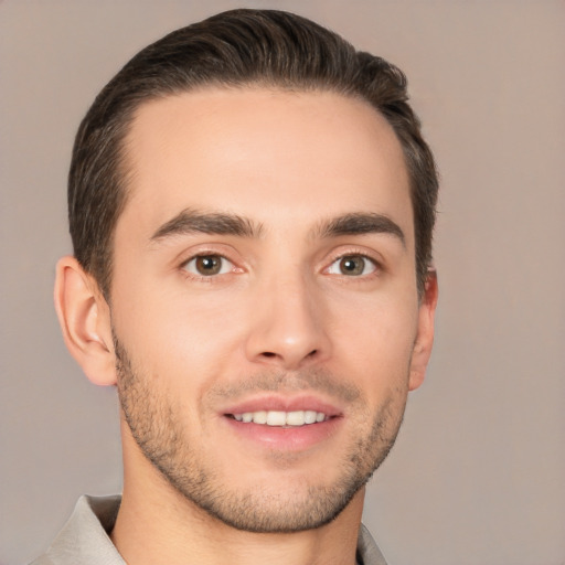 Joyful white young-adult male with short  brown hair and brown eyes