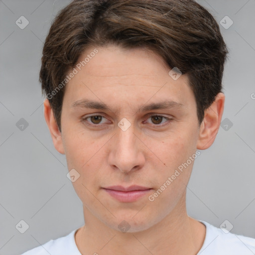 Neutral white young-adult male with short  brown hair and brown eyes