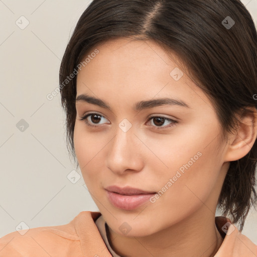 Neutral white young-adult female with medium  brown hair and brown eyes