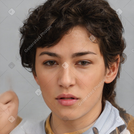 Neutral white young-adult female with medium  brown hair and brown eyes