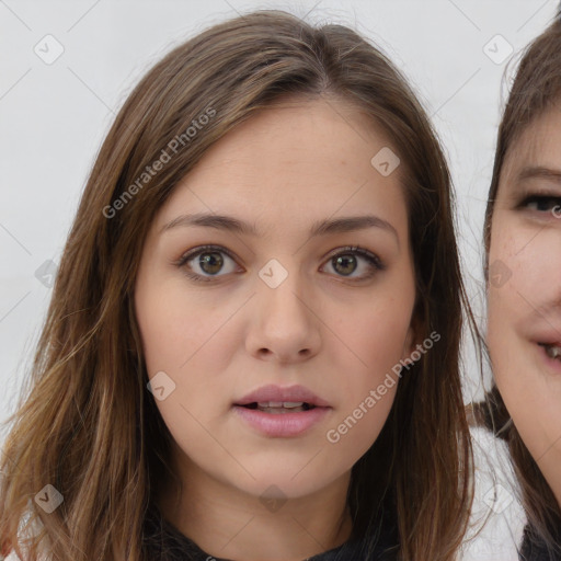 Neutral white young-adult female with long  brown hair and brown eyes