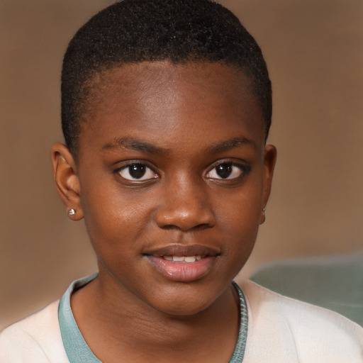 Joyful black child female with short  brown hair and brown eyes