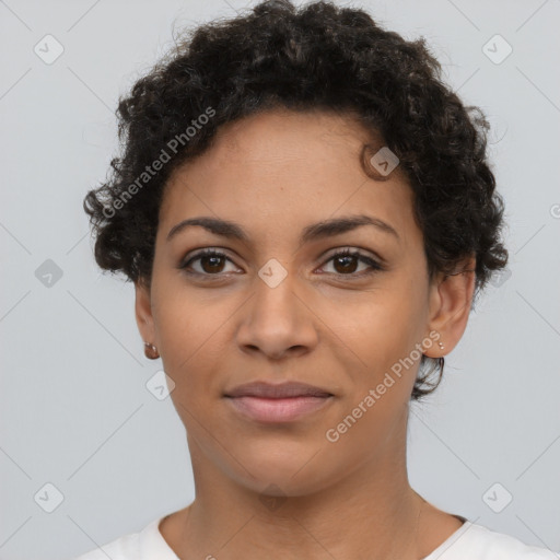 Joyful latino young-adult female with short  brown hair and brown eyes