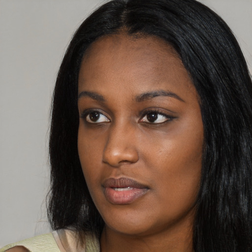 Neutral asian young-adult female with long  black hair and brown eyes