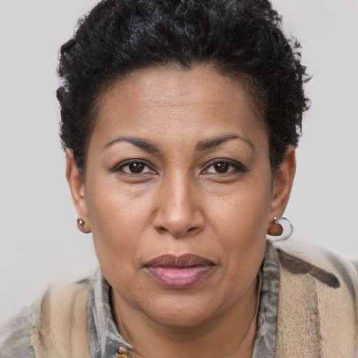 Joyful black adult female with short  brown hair and brown eyes