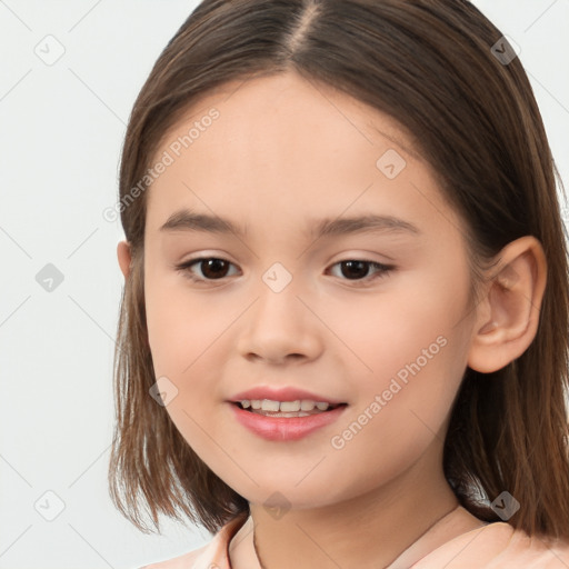 Joyful white child female with medium  brown hair and brown eyes