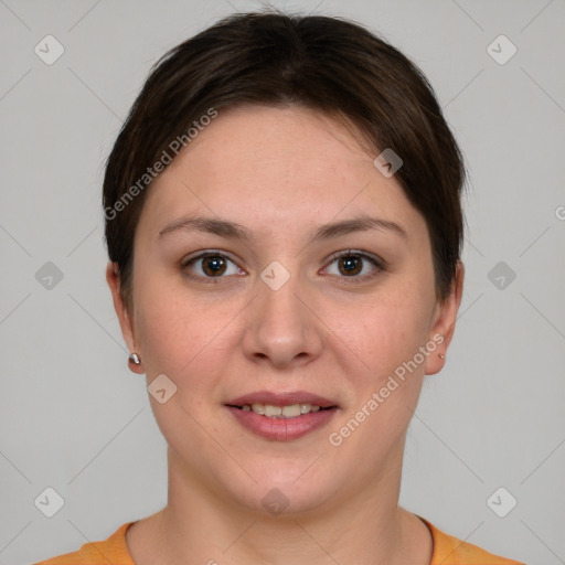 Joyful white young-adult female with short  brown hair and brown eyes