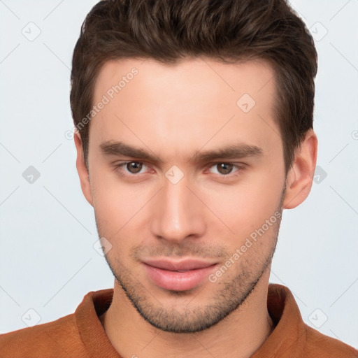 Neutral white young-adult male with short  brown hair and brown eyes