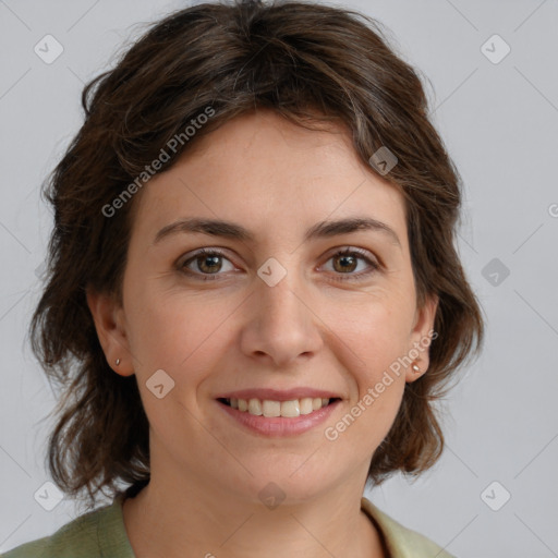 Joyful white young-adult female with medium  brown hair and green eyes