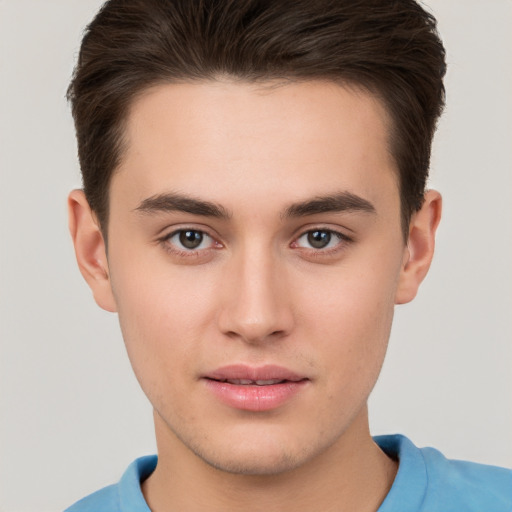 Neutral white young-adult male with short  brown hair and brown eyes