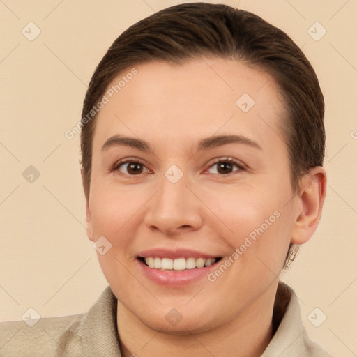 Joyful white young-adult female with short  brown hair and brown eyes