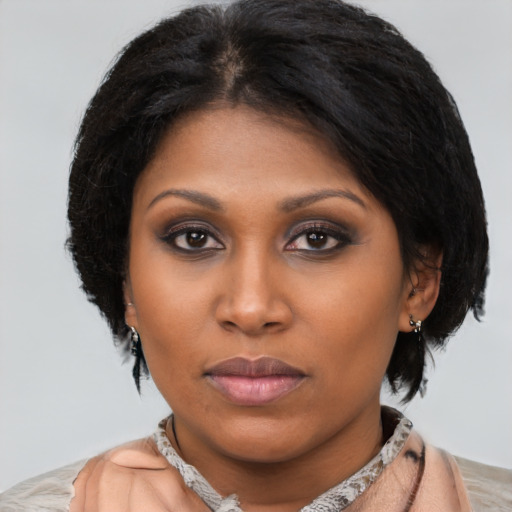 Neutral asian young-adult female with medium  black hair and brown eyes
