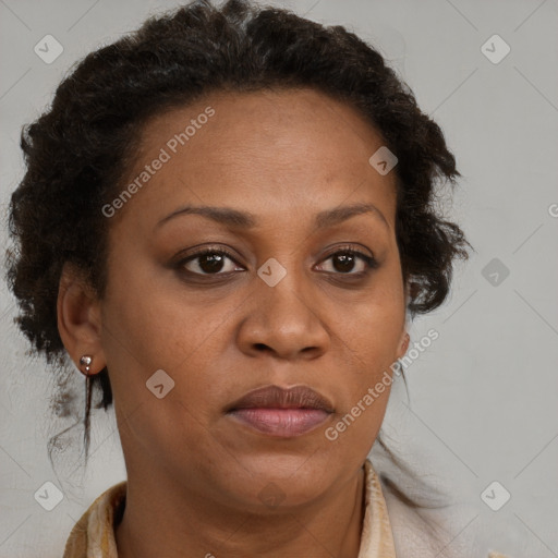 Joyful black adult female with short  brown hair and brown eyes