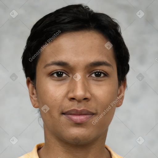 Joyful latino young-adult female with short  brown hair and brown eyes