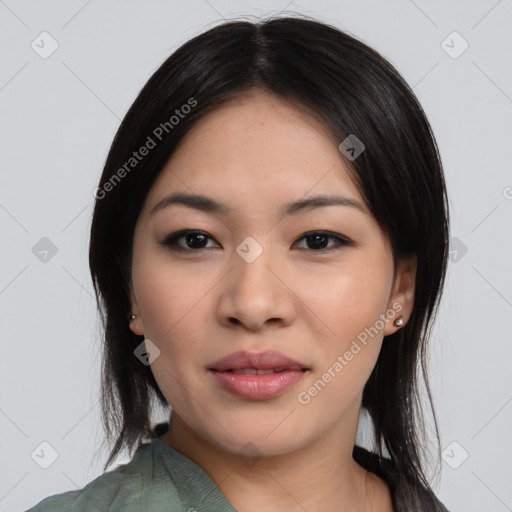 Joyful asian young-adult female with medium  black hair and brown eyes