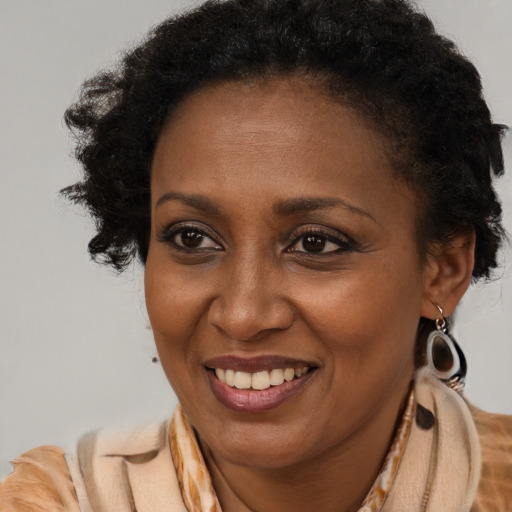 Joyful black adult female with short  brown hair and brown eyes