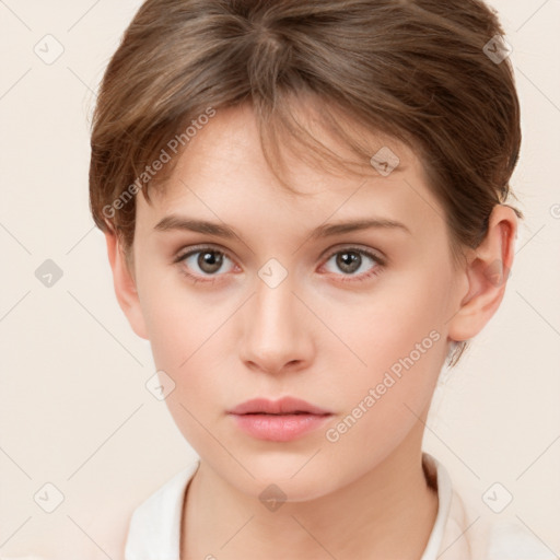 Neutral white young-adult female with medium  brown hair and brown eyes