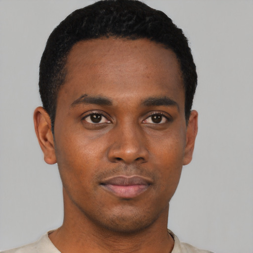 Neutral black young-adult male with short  black hair and brown eyes