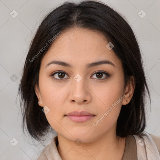 Neutral white young-adult female with medium  brown hair and brown eyes