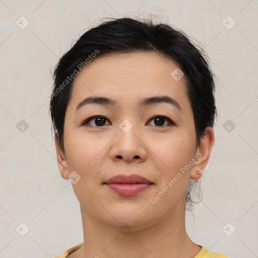 Neutral asian young-adult female with short  brown hair and brown eyes