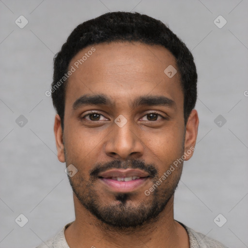 Neutral latino young-adult male with short  black hair and brown eyes