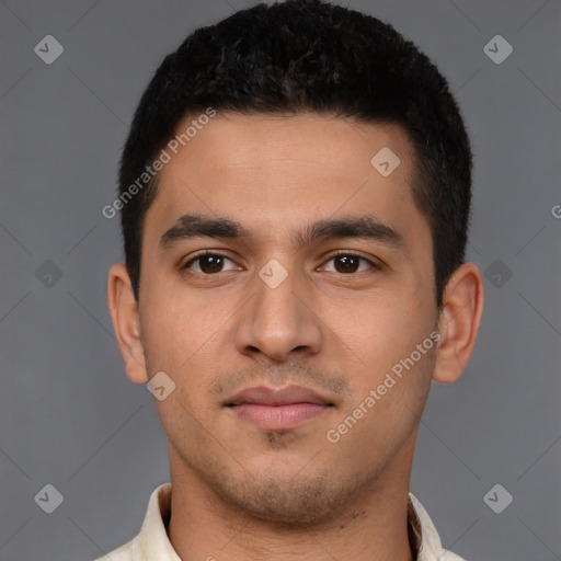 Neutral latino young-adult male with short  brown hair and brown eyes