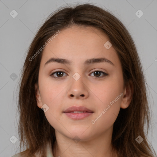 Neutral white young-adult female with long  brown hair and brown eyes