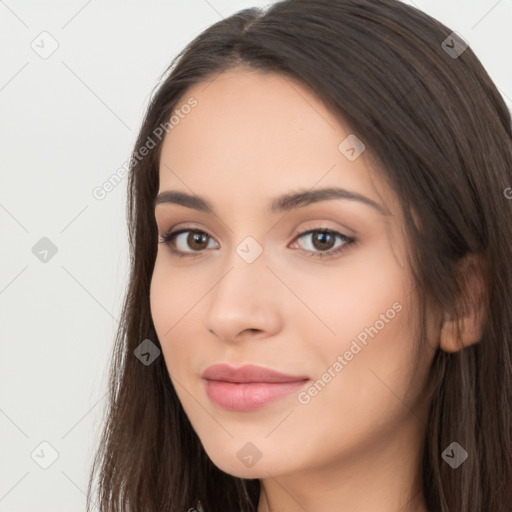 Neutral white young-adult female with long  brown hair and brown eyes