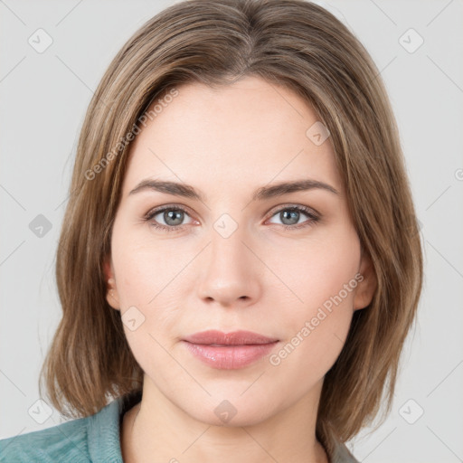 Joyful white young-adult female with medium  brown hair and green eyes