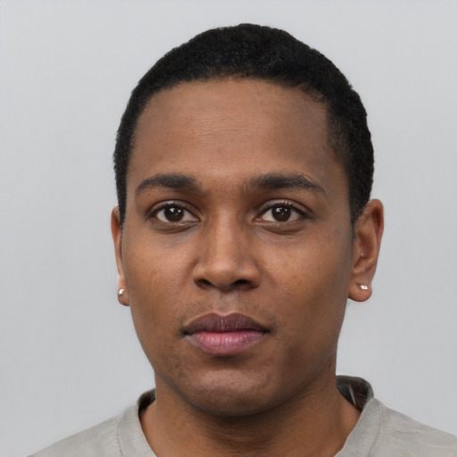 Neutral black young-adult male with short  black hair and brown eyes