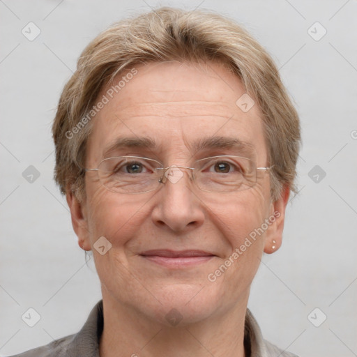 Joyful white middle-aged male with short  brown hair and grey eyes