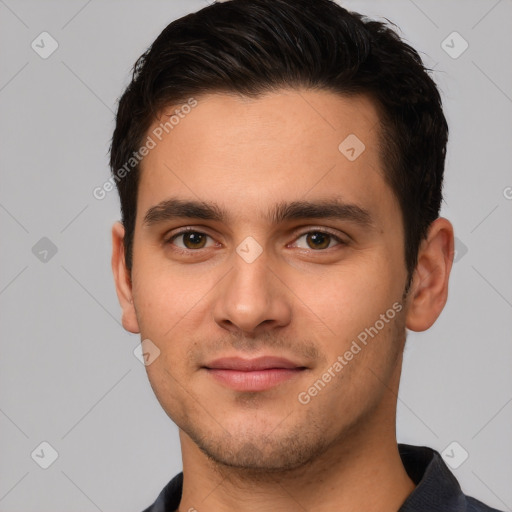 Joyful white young-adult male with short  brown hair and brown eyes