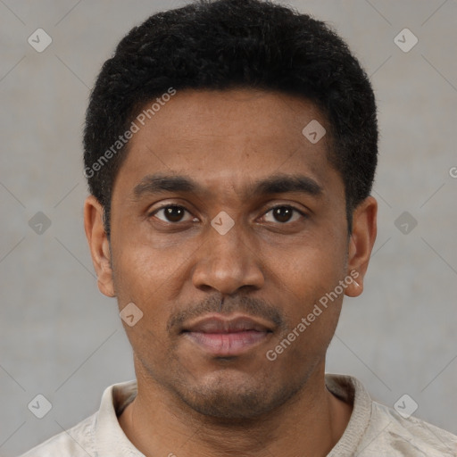 Neutral latino young-adult male with short  black hair and brown eyes