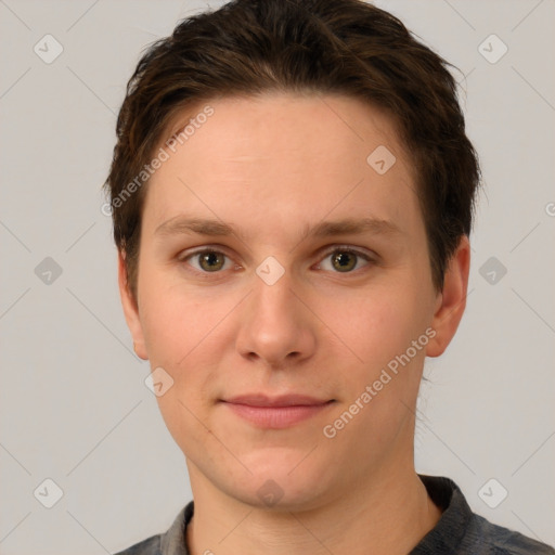 Joyful white young-adult female with short  brown hair and grey eyes