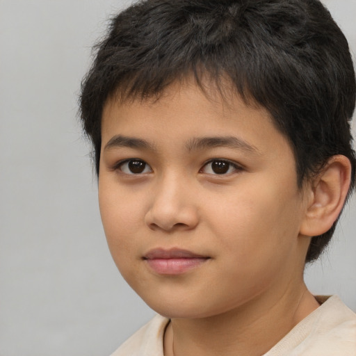 Joyful asian child male with short  brown hair and brown eyes