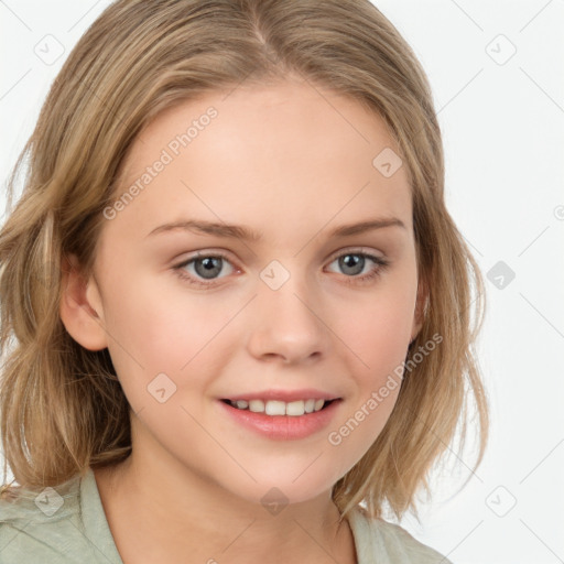 Joyful white child female with medium  brown hair and brown eyes